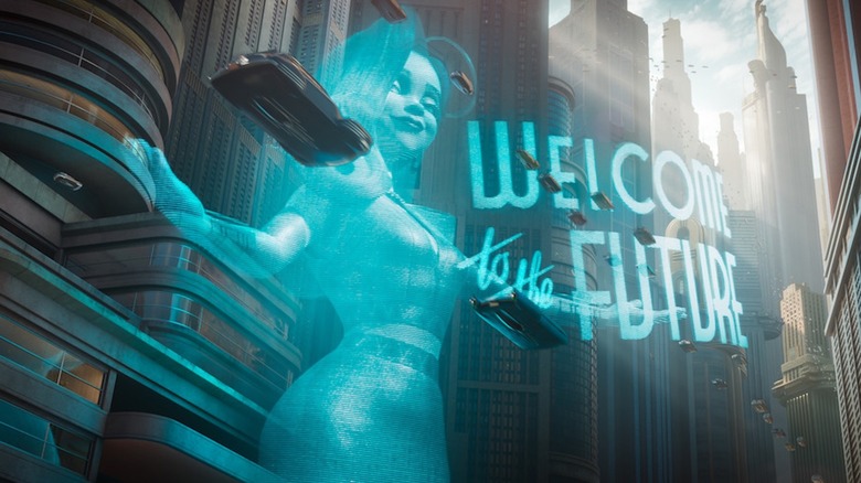 O mașină zburătoare alunecă pe lângă un semn cu hologramă pe care scrie 