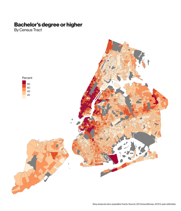 Licență sau diplome superioare în tracturi, estimări ACS pe 5 ani.