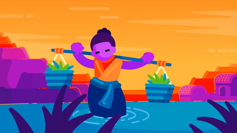 Un țăran care ține două găleți în Oul