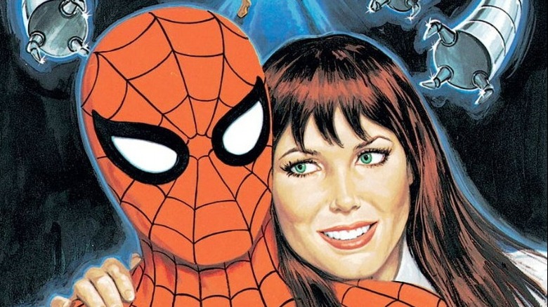 Coperta Spider-Man: Parallel Lives, Spider-Man și Mary Jane împreună cu tentaculele lui Doc Ock în fundal