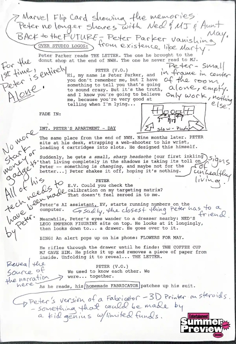 O pagină de scenariu plină cu note pentru Spider-Man: Brand New Day