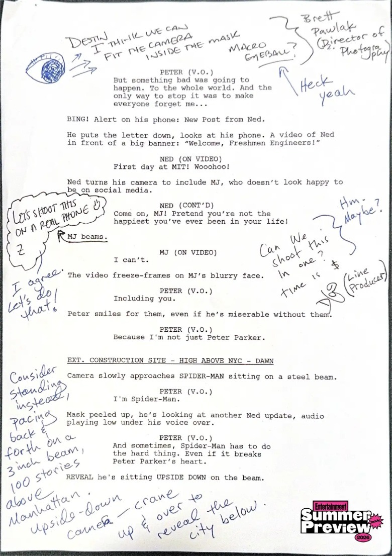 O pagină de scenariu plină cu note pentru Spider-Man: Brand New Day