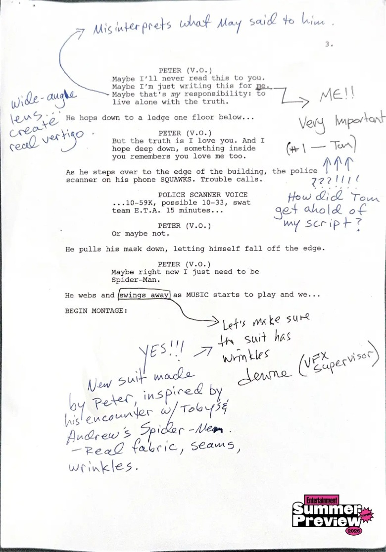 O pagină de scenariu plină cu note pentru Spider-Man: Brand New Day