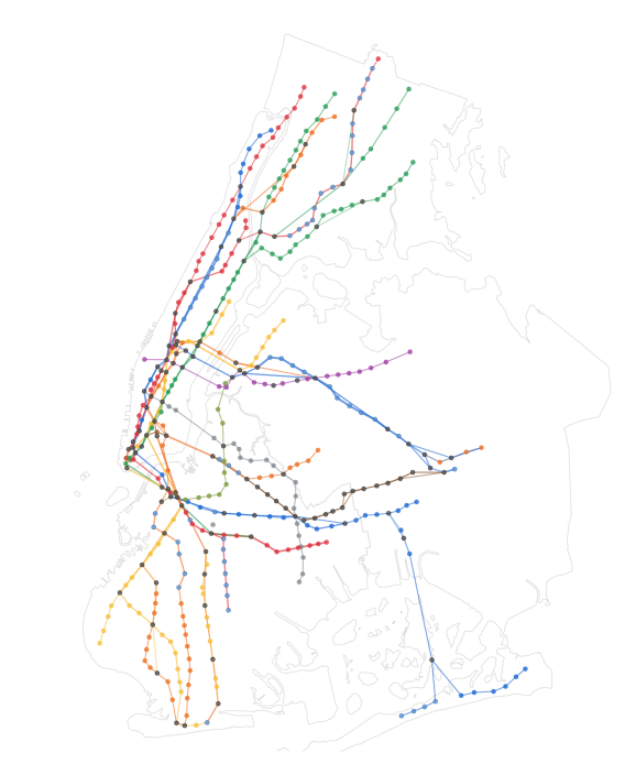 O vedere a sistemului de metrou din New York (excluzând SIR). Vom anima asta într-un minut.