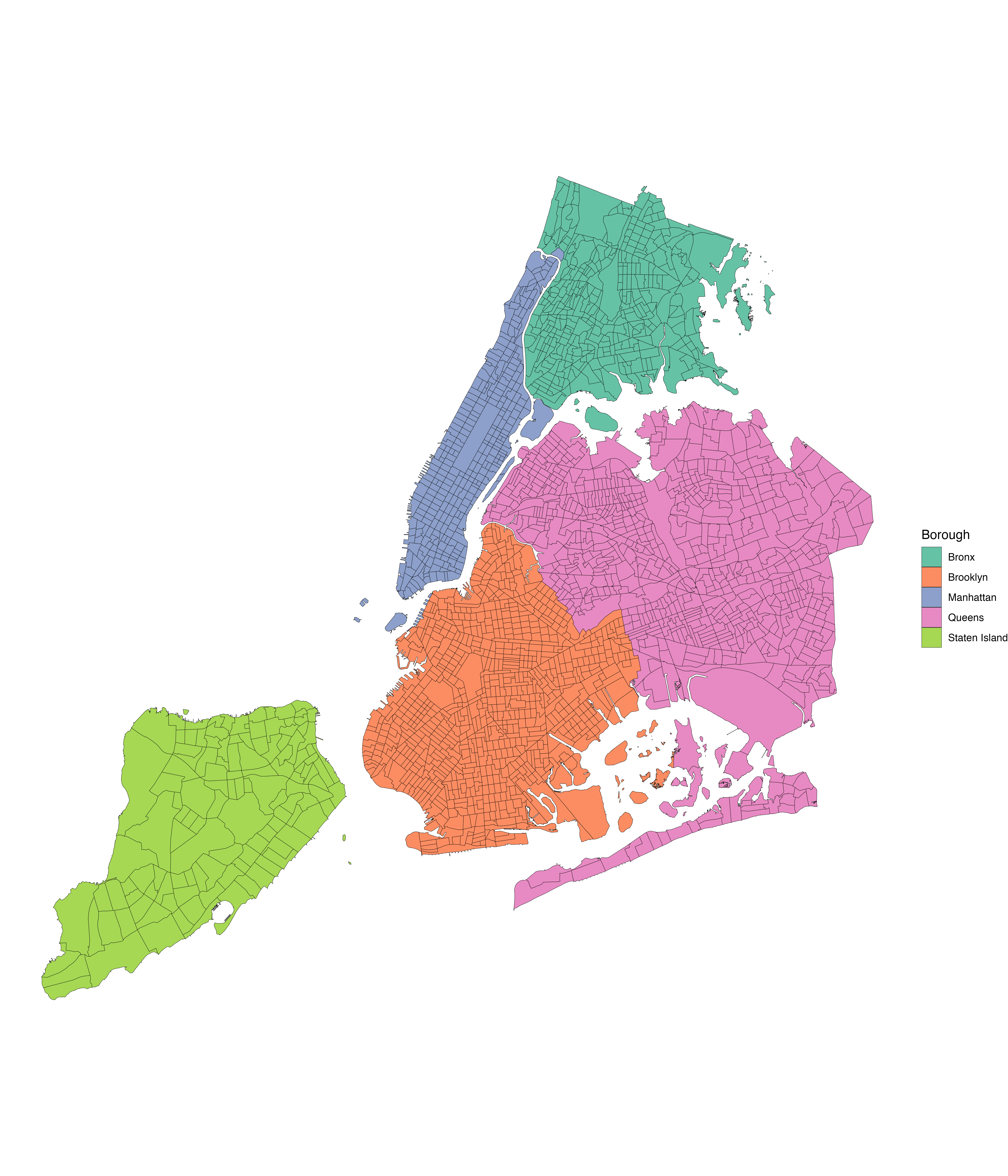 O hartă a orașului New York la nivel de tract cu cartierele colorate.