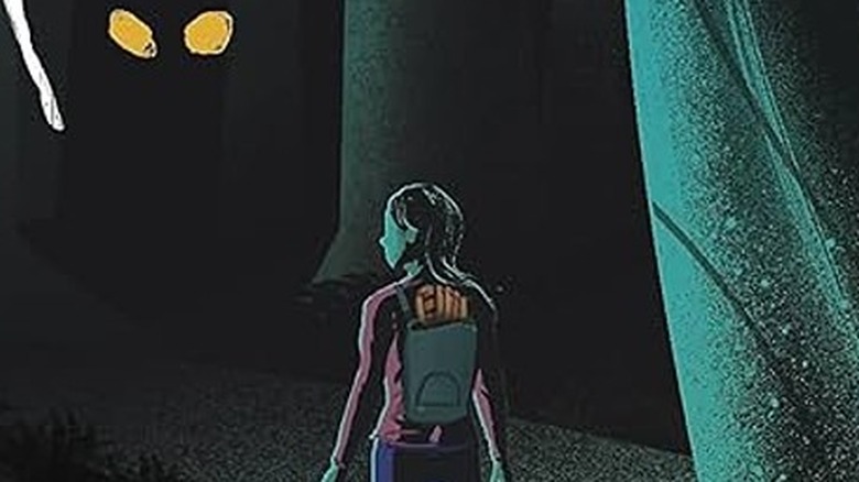 Trisha mergând în pădure cu ochii pândind în fundal pe coperta filmului The Girl Who Loved Tom Gordon
