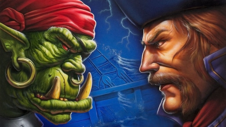 Un orc și un pirat care se confruntă pe coperta pentru Warcraft II: Tides of Darkness