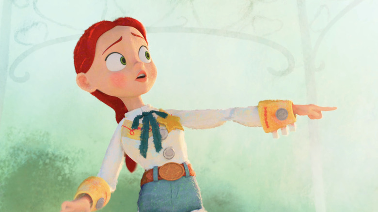 Jessie arată cu îngrijorare animația stilizată într-o secvență imaginară de joacă din Toy Story 5