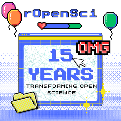 Grafică retro pixel-art care sărbătorește cea de-a 15-a aniversare a rOpenSci. Textul „rOpenSci” apare în partea de sus cu font pixeli, flancat de trei baloane pixel-art. O fereastră de browser încadrează mesajul central: „15 ANI / TRANSFORMING OPEN SCIENCE” cu litere aldine de pixeli, suprapus pe modelul de rețea geometrică rOpenSci. O insignă de pixeli scrie „OMG”. Un folder cu pixeli și pictograme strălucitoare completează designul.