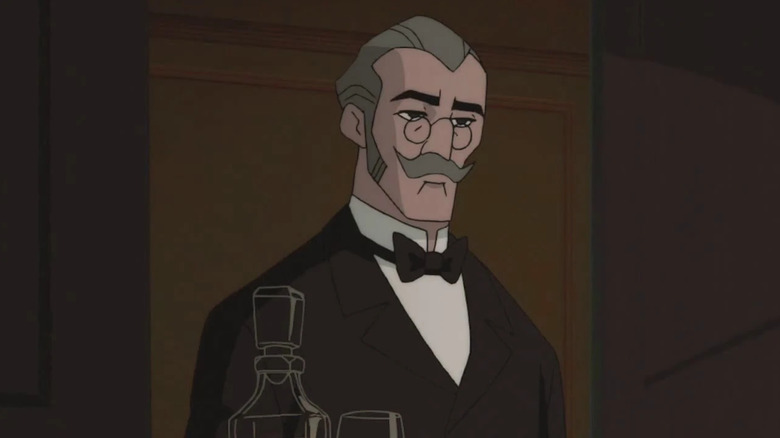 Alfred ținând o tavă cu băuturi în Batman: Gotham By Gaslight