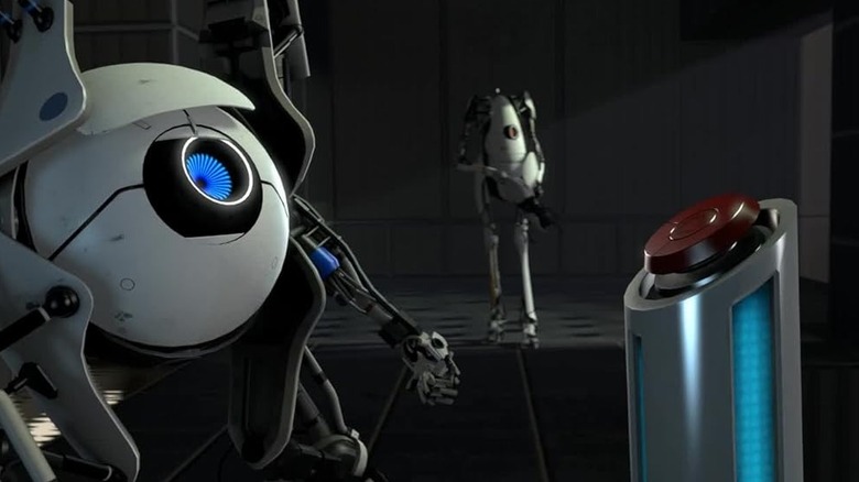 Roboți care se uită la un buton roșu în Portal 2