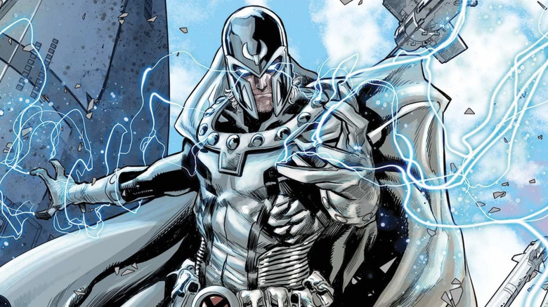 Mâinile lui Magneto strălucesc în albastru în timp ce își folosește puterile în benzile desenate X-Men