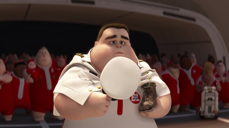 Căpitanul B. McCrea ținând o plantă într-o cizmă în WALL-E