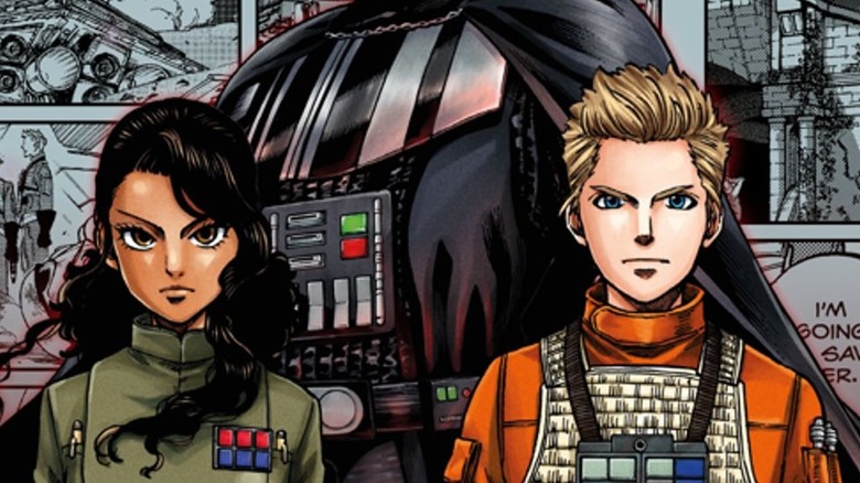 Thane Kyrell și Ciena Ree cu Darth Vader în fundal pe coperta manga Star Wars: Lost Stars