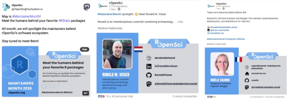 Prima postare în Mastodon care anunță campania pentru luna întreținerii, Ronald M. Visser și Maëlle Salmon postează pe LinkedIn