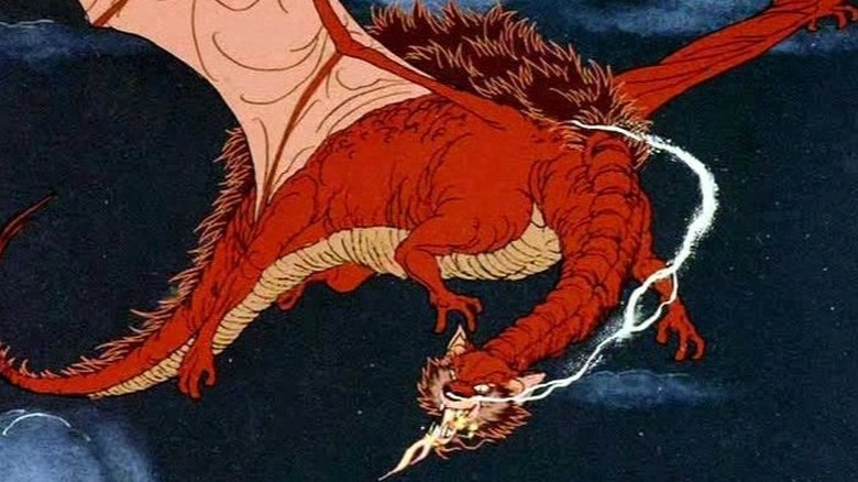 Smaug zburând în Hobbit (1977)