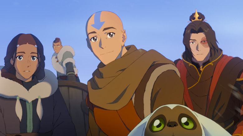 Katara, Sokka, Aang și Zuko în vârful Appa și privind la orizont cu Momo în Avatar Aang: The Last Airbender