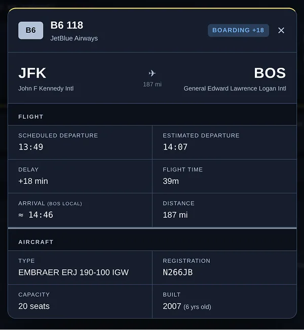 Modalul arată informații detaliate despre un anumit zbor JetBlue (întârziat) de la JFK la BOS.