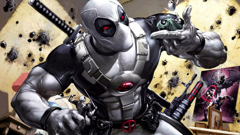 Coperta Uncanny X-Force cu Deadpool în costumul său alb și negru