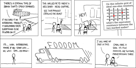 benzi desenate xkcd #356 Tocilar Sniping. O bandă desenată în care o problemă de fizică strigătă îl oprește pe un inginer care traversează strada, așa că este lovit de un autobuz în timp ce se gândește la soluție.