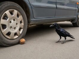 Ciorile au învățat să lase nucile în fața mașinilor ca să le spargă și transmit trucul mai departe