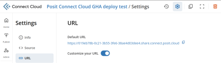 Secțiunea URL a meniului de setări Posit Connect Cloud, afișând „Adresa URL implicită” pentru o bucată de conținut.
