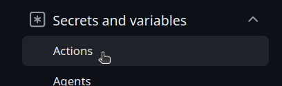 Meniul lateral al setărilor depozitului GitHub, cu „Secrete și variabile” extins și „Acțiuni” selectat.