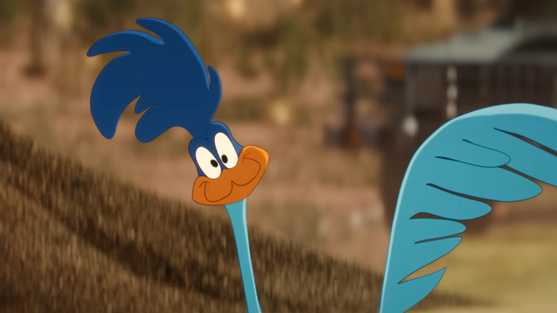 The Road Runner înclinând capul cu un zâmbet în Coyote vs Acme