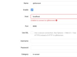 Sonarr download client settings screen showing qBittorrent connection details