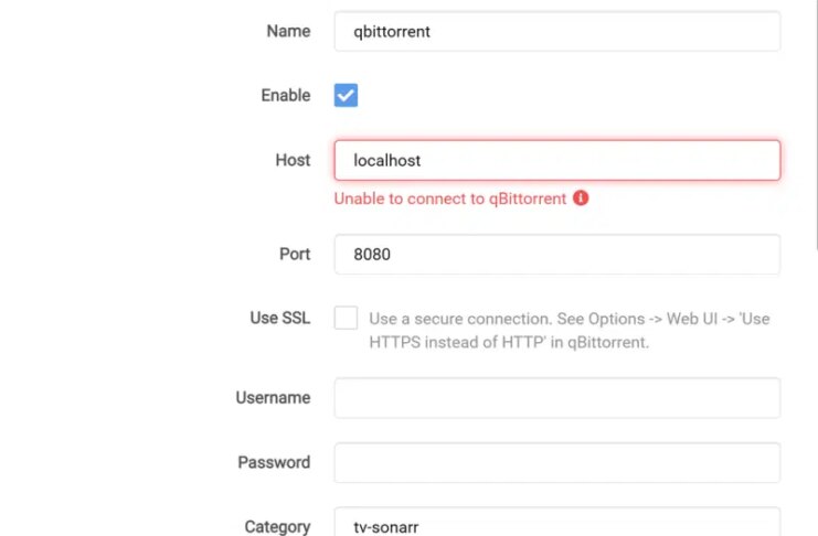 Sonarr download client settings screen showing qBittorrent connection details