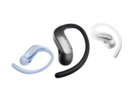 Shokz OpenFit Air 2 open-ear earbuds shown with charging case and titanium ear hook