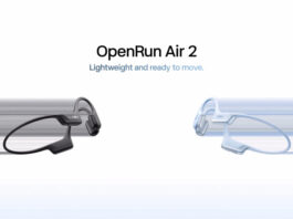 Shokz OpenRun Air 2 bone-conduction headset shown in black with USB-C charging point