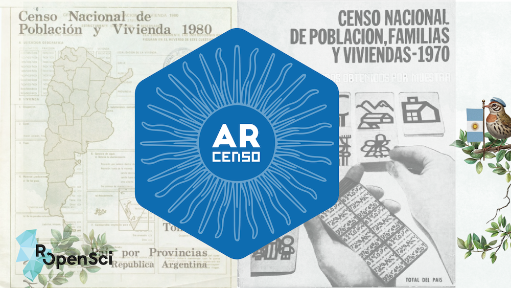 Hex logo de ARcenso sobre documentos históricos de censos argentinos din 1970 și 1980