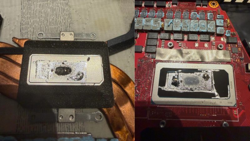 Coroziunea metalelor lichide aproape că distruge Asus Zephyrus M16 2 Reziduuri metalice lichide corodate Zephyrus M16 vizibile pe radiatorul și capacul procesorului unui laptop