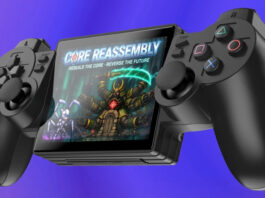 Yoniq Portal handheld shaped like a PS2 DualShock controller with a screen built into the body