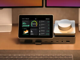 Lexar PexarBolt Ultra TBT5 Dock showing its touchscreen and rotary dial on a desk