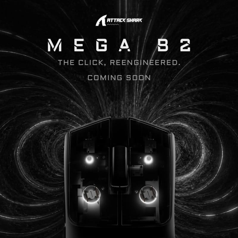 Mouse Attack Shark Mega B2 tachinat ca Superstrike Rival 2 Imagine teaser care sugerează designul mouse-ului de gaming Attack Shark Mega B2
