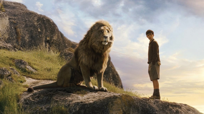 Aslan stând lângă tânărul Edmund pe o suprafață stâncoasă în The Lion The Witch and the Wardrobe