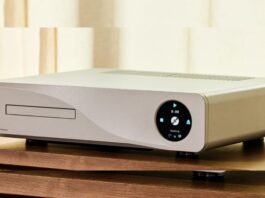 High-end CD players from PS Audio and Naim sitting on a hi-fi equipment rack