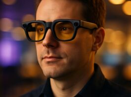 Snap Specs AR glasses displayed on a table, the augmented reality headset Snap is pitching to enterprise customers