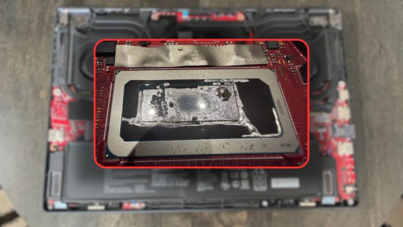 Coroziunea metalelor lichide aproape că distruge Asus Zephyrus M16 1 Reziduuri metalice lichide corodate Zephyrus M16 vizibile pe radiatorul și capacul procesorului unui laptop