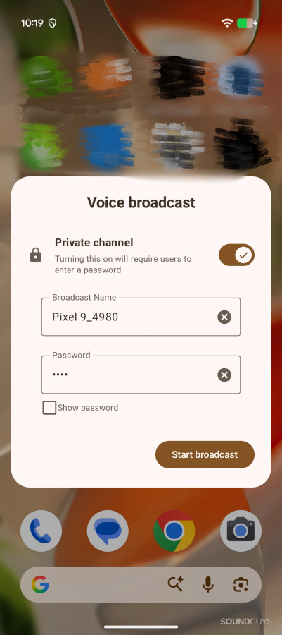 Google aduce transmisia vocală Auracast la setările rapide Pixel 1 Telefon Pixel care afișează panoul Setări rapide de difuzare vocală folosit pentru a transmite în flux audio Auracast