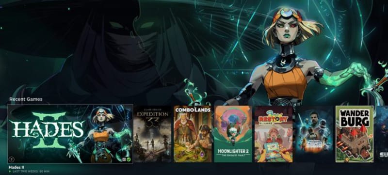 Interfața Steam Big Art Mode este afișată pe un dispozitiv de joc portabil cu ilustrații mari de joc pe ecran