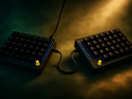 Tiwaz split keyboard shown with dual thumb joysticks and hot-swap mechanical switches