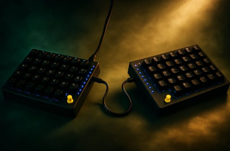 Tiwaz split keyboard shown with dual thumb joysticks and hot-swap mechanical switches