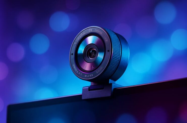 Razer Kiyo V2 Pro webcam mounted on a monitor showing its wide-angle lens and privacy shutter