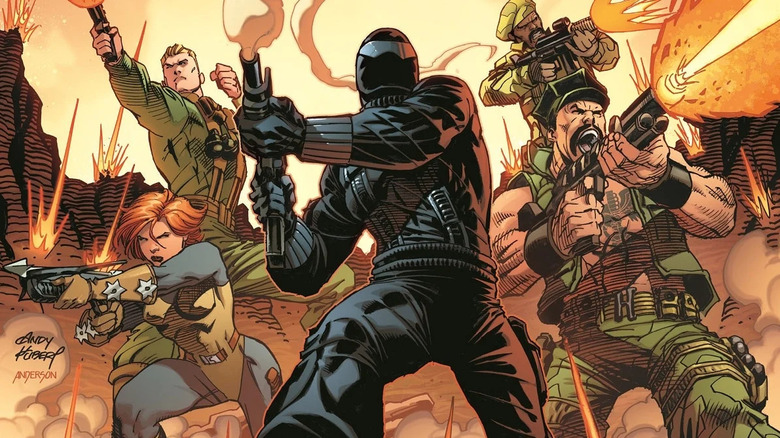 Coperta GI Joe: A Real American Hero Compendium volumul 1 - Hawk, Scarlett, Snake Eyes, Stalker și Gung-Ho trag cu arme