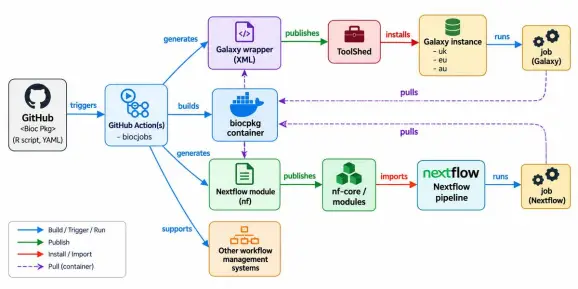 Diagrama fluxului de lucru care ilustrează procesul de contribuție și construirea și diseminarea automată a pachetelor de instrumente Bioconductor în alte ecosisteme software.