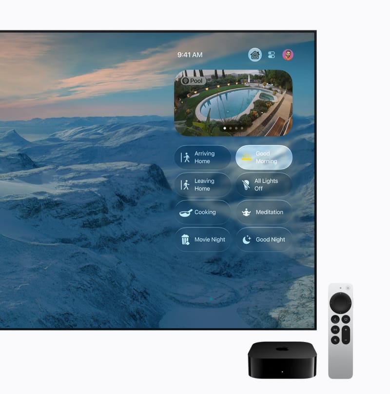 Actualizarea Apple TV 4K Siri AI aduce un divertisment acasă mai inteligent 1 Interfața Apple TV 4K Siri AI afișată pe ecran complet pe un televizor din camera de zi