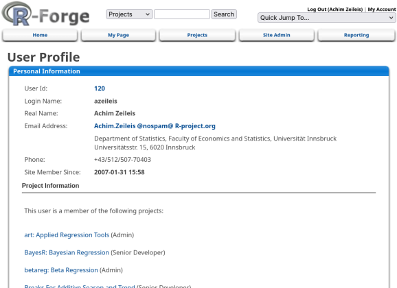 Captură de ecran a paginii de utilizator a lui Achim Zeileis pe R-Forge
